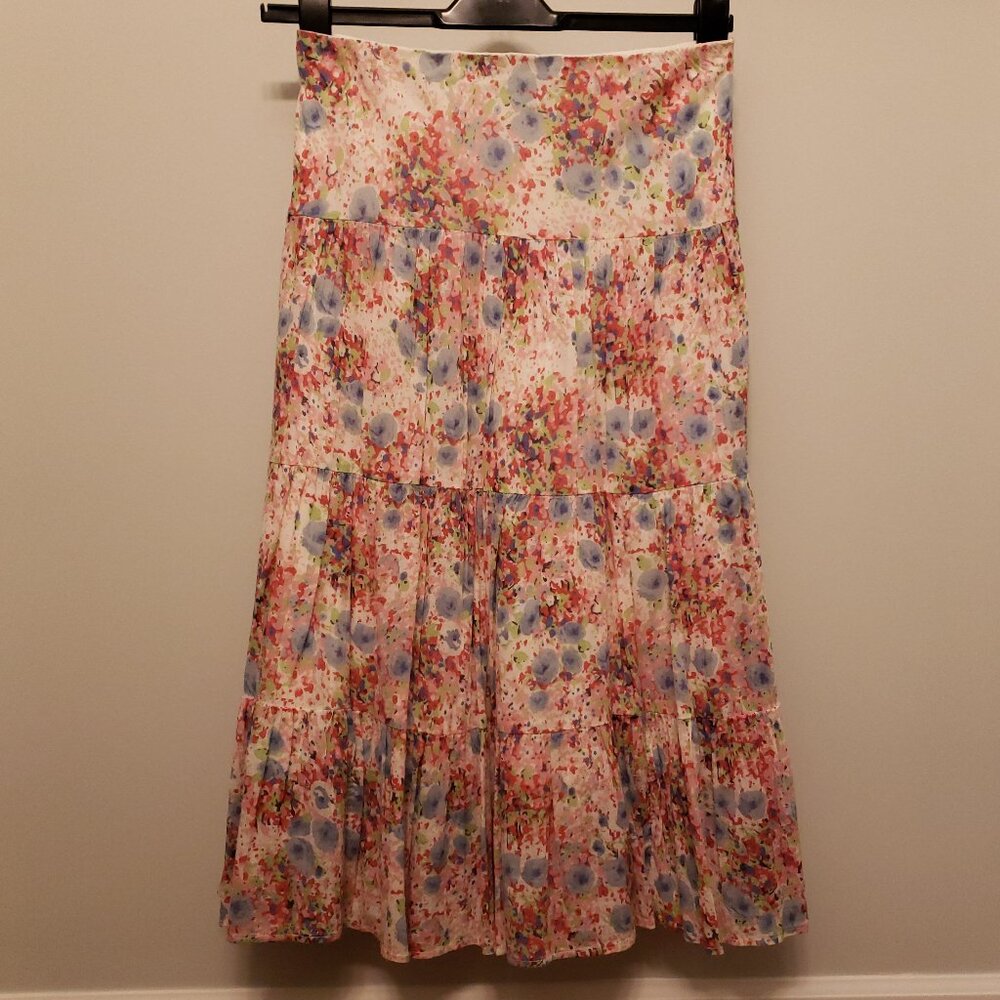 Chaps Petite Floral Print Tiered Cotton Maxi Lined Skirt